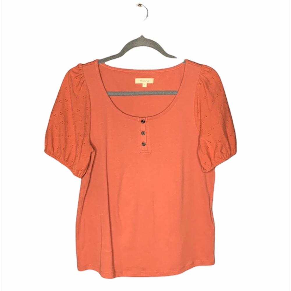 MADEWELL Coral/Rust Eyelet Sleeve Henley Button Square Neck Top Size M Boho